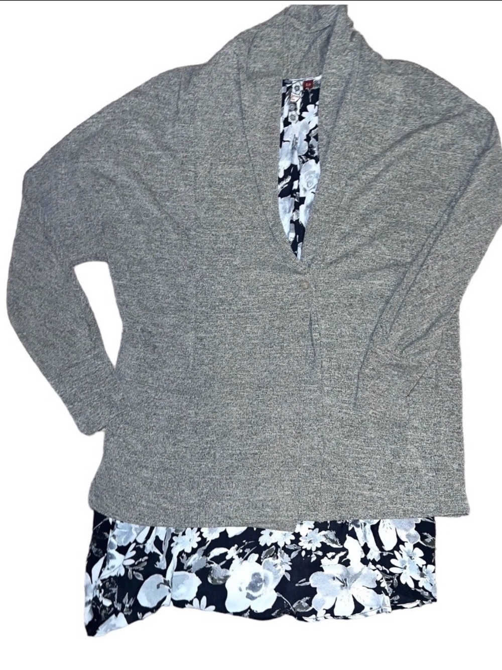 3 Stones Layered Look Floral Sweater Tunic Gray Long Sleeve Small cottage